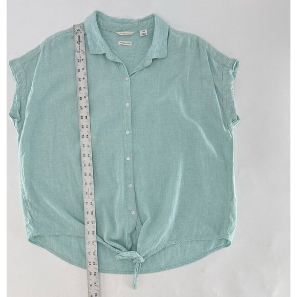 Weatherproof Linen Blend Tie Waist Button Front Blouse Sz L Beach Coastal Preppy - Picture 7 of 8